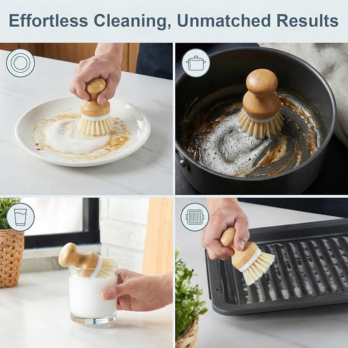 ONEMORE Bamboo Dish Brush with Ceramic Foaming Base, Kitchen Sink Scrub Brush Set with Spring and Mesh Insert, Wooden Handle Dishwashing Brush for Pots Pans Plates Bowls, White