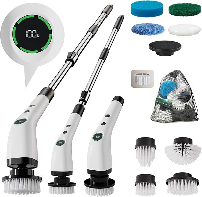 Electric Bathroom Cleaning Brush Cordless Shower Scrubber SD-CTB01 | Spin Scrubber Full Body Waterproof IPX7 with Adjustable Handle, 8 Replaceable Brush Heads for Bathtub/Kitchen/Window/Home