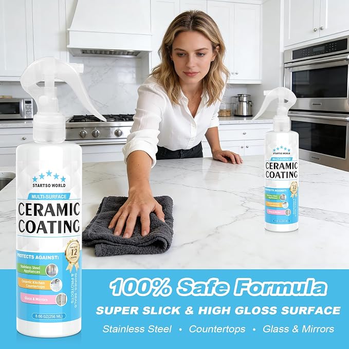 Ceramic Coating Spray – Shine, Seal & Protect Stainless Steel, Glass, Kitchen & Bath – Repels Fingerprints, Water Spots & Grime – Multi-Surface Sealant for Countertops, Sinks & More, 256ML