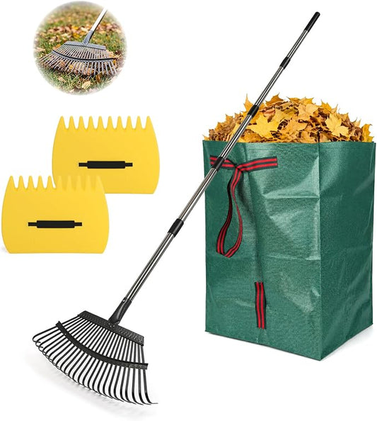 Rake for Leaves - 25 Tines Heavy Duty Metal Rake Set with Leaf Scoops & 53 Gallon Bag, Adjustable 67.5" Garden Rake, 3-in-1 Tool for Yard Pine Needle Grass Cleanup