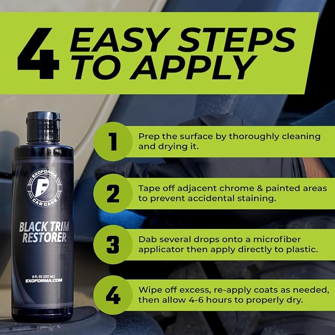 ExoForma Black Trim Restorer - Lasts 6+ Months, Dye Infused Waterproof Plastic Restorer for Cars - Perfect for Faded Bumpers, Trim & Vinyl on Jeeps, Truck Beds, Avalanches & ATVs | 8oz