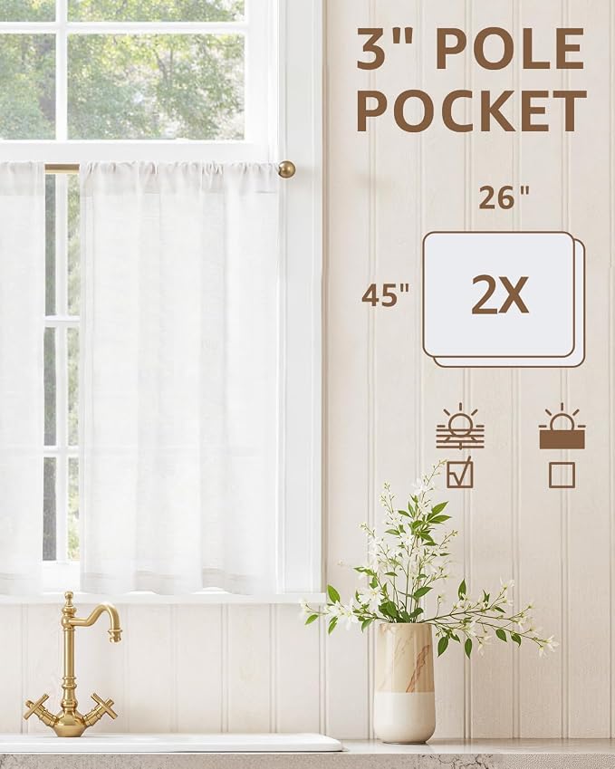 jinchan Rustic Linen Rod Pocket Tier Curtains, 26x45, 2 Panels, White | Light filtering, cafe curtains, machine washable, farmhouse, kitchen, bathrooms, laundry, small window, over sink