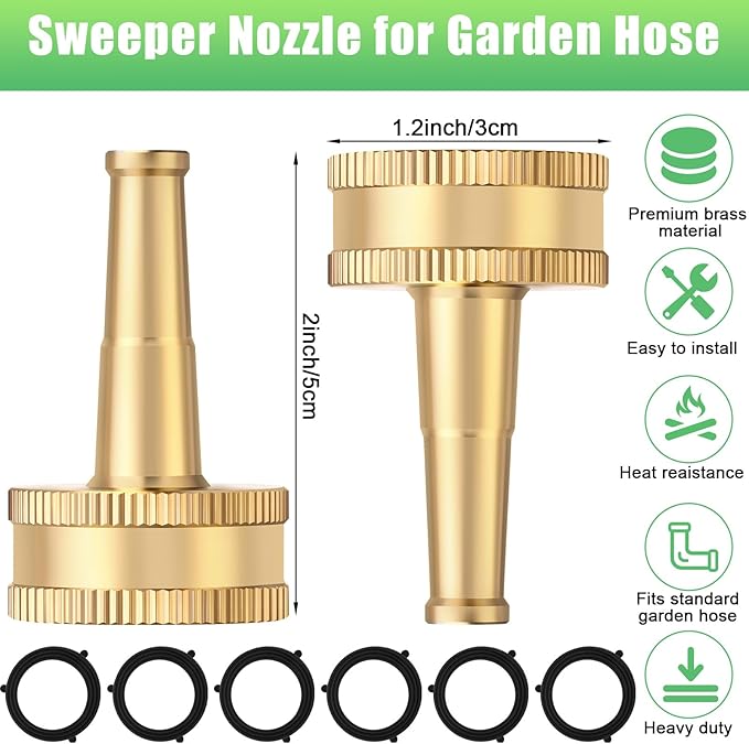 JaGely 12 Pack Brass Hose Nozzle for Garden, Jet Sweeper Nozzles Solid Brass 2" Jet Nozzle for Car Wash, Extra12 Garden Hose Rubber Washers
