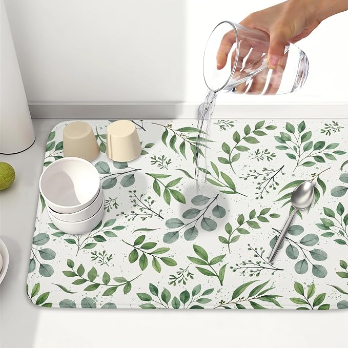 Kawani Sage Green Dish Drying Mat 18x24 In Absorbent Reversible Eucalyptus Leaves Plant Drying Mat Green Plant Dish Drying Rack Mat Spring Summer Themed Dish Drainer Mat for Kitchen Counter Coffee Bar