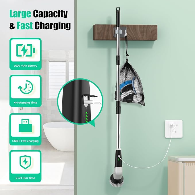 YKYI Electric Spin Scrubber, Cordless Power Scrubber Cleaning Tool with 8 Replaceable Heads and Extension Handle for Bathroom, Tub, Tile, Floor, Grout and Car (White) | 8 Replaceable Heads, Extension Handle, For Bathroom, Tub, Tile, Floor, Grout and Car