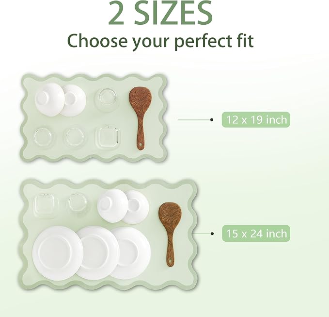 Scalloped Dish Drying Mat for Kitchen Counter, Absorbent Easy Clean Non-slip Coffee Bar Station Accessories, Trendy Cute Aesthetic Modern Drainer Kitchen Drying Mat, Sage Green 12" x 19"