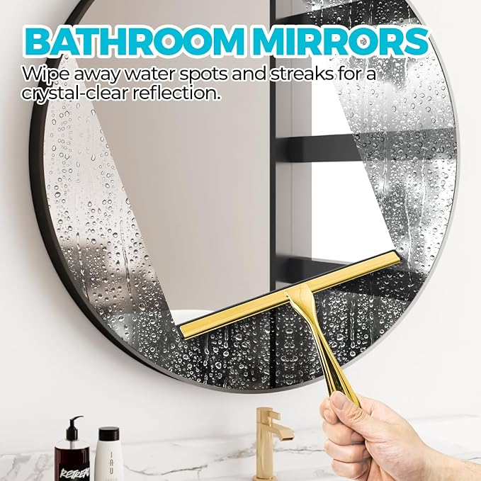 ALFLOD Shower Squeegee for Glass Doors, Tile Walls, Mirrors and Windshields | 10" gold, bathroom accessories, window cleaner, new home essentials, silicone blade, metal handle, adhesive hook