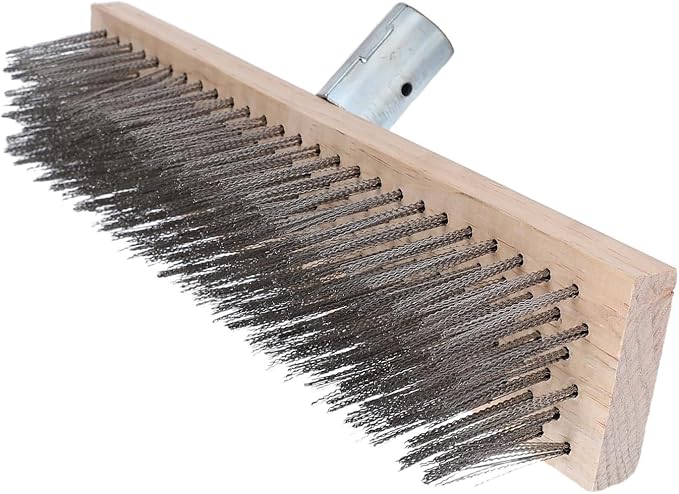 Hyuduo Floor Scrub Brush Heavy Duty Stainless Steel 30CM Rough Surfaces Scrub for Driveway Patio Deck Tile Outdoor Cleaning Brush with Pine Wood Handle