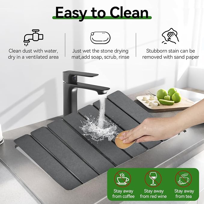 Large Stone Drying Mat for Kitchen Counter, 16"x12" Collapsible Diatomaceous Earth Drying Mat, Instant Absorbent Dish Drying Pad, Stone Drying Rack Space Saver Drying Board for Kitchen Sink, Gray