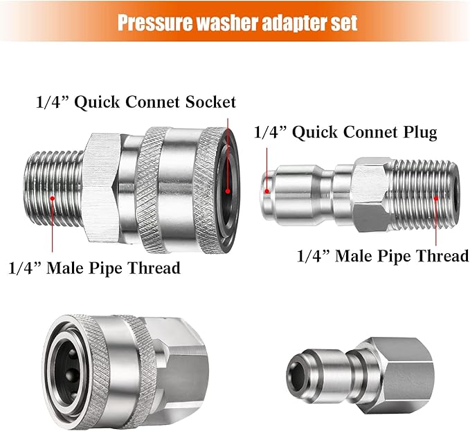 4 Sets NPT 1/4 Inch Pressure Washer Coupler Quick Connect Plug Male Female 1/4 Quick Connect Fittings Pressure Washer Adapters Accessories(Internal Thread, External Thread)