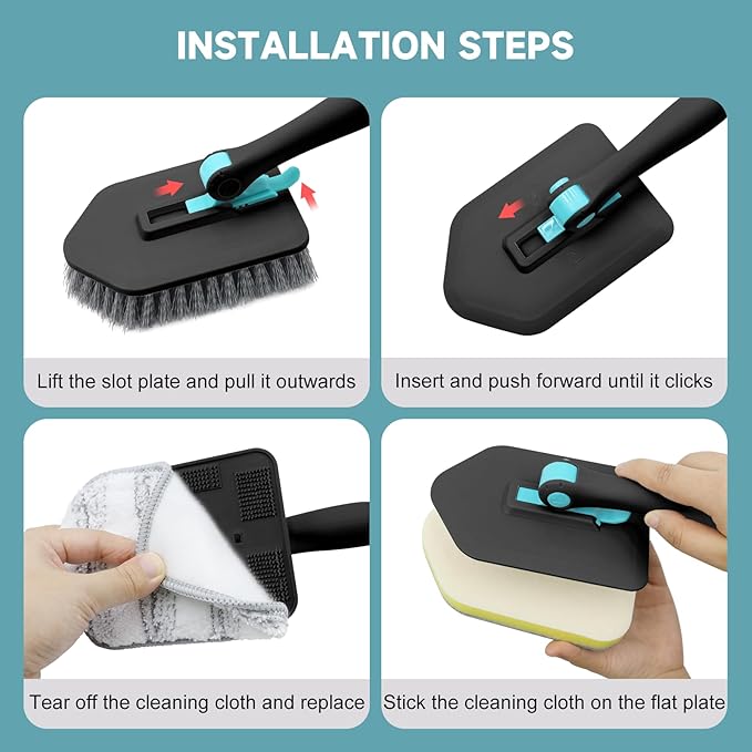 nacena Shower Scrubber with Long Handle, 4 in 1 Tile Tub Scrubber Brush with 3 Detachable Cleaning Shower Heads and Floor Squeegee Shower Cleaner Brush for Bathroom Kitchen Tub Sink Floor, Black