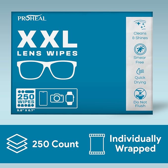 XXL Lens Wipes, 250 Count - 9.8"x6.7" Eye Glasses Cleaner Wipes for Lenses, Watches, Display Screens, and More - Cleans and Shines - Quick Drying, No Smear with Isopropyl Alcohol