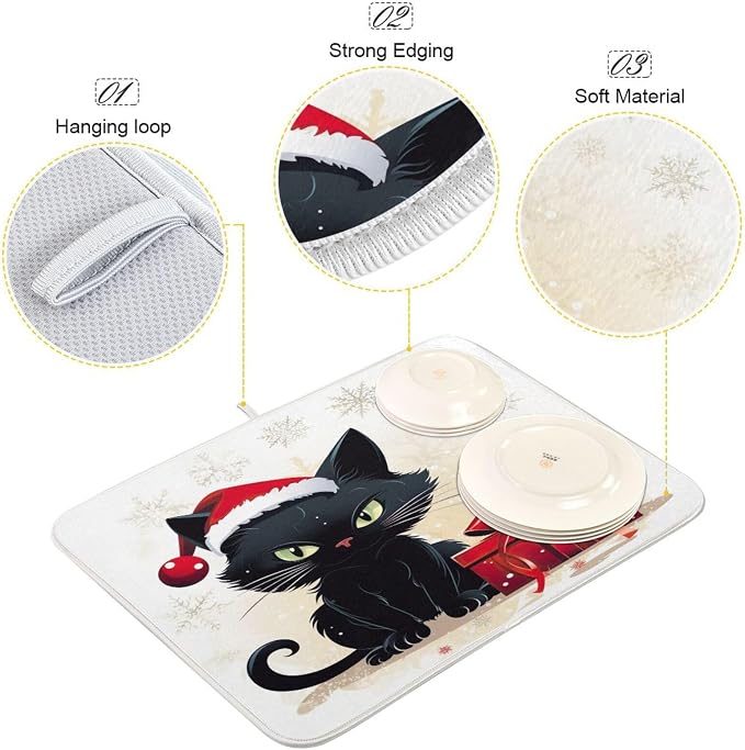 Christmas Dish Drying Mat Kitchen Counter Absorbent Black Cat Coffee Sink Mat Dish Drainer Pad 18 Inch x 16 Inch