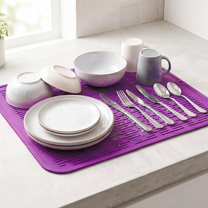 MicoYang Silicone Dish Drying Mat for Multiple Usage,Easy clean,Eco-friendly,Heat-resistant Silicone Mat for Kitchen Counter or Sink,Refrigerator or Drawer Liner Purple XL 18 inches x 16 inches