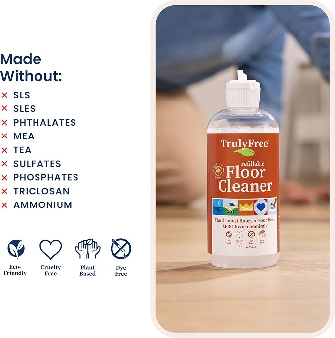 Truly Free Floor Cleaner Kit - Plant-Based Mopping Solution - DIY All-Surface Cleaner for Hardwood, Tile, Wood & Concrete (16 oz Reusable Empty Bottle + Two Fills, 3 oz ea.)