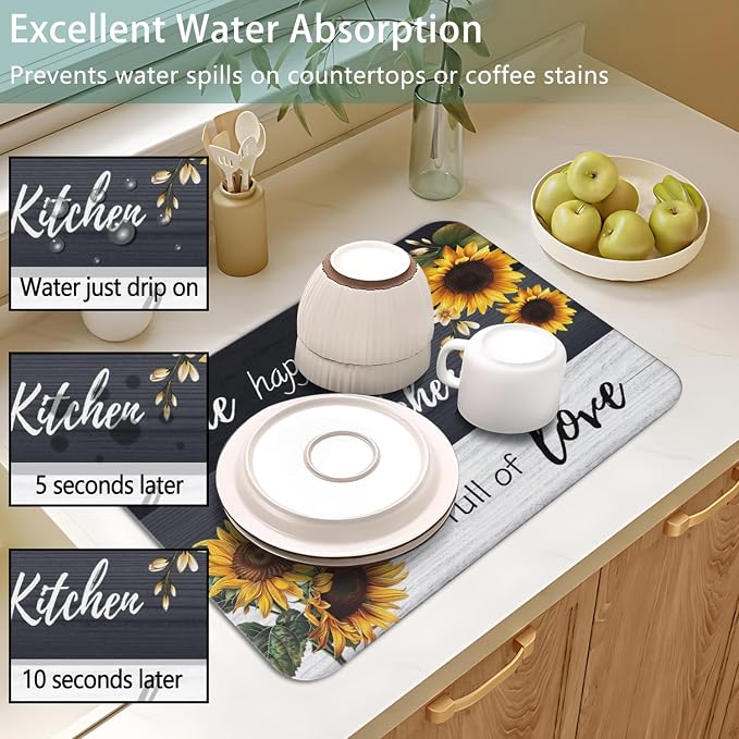 Dish Drying Mat 2-Pack Sunflower Quote for Kitchen Counter Dishes Mat | Diatom Mud Mats (18x24, 19.5x12"). Non-slip rubber back for kitchen counter, coffee bar & sink scenes