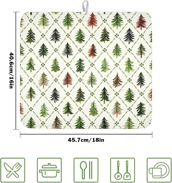 Christmas Dish Drying Mat for Kitchen Counter Xmas Theme Green Trees Dish Drainer Mat Rustic Farmhouse Winter Holiday Absorbent Washable Drying Pad 16"x18"