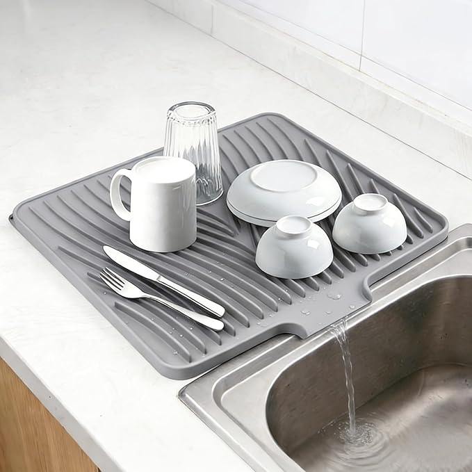 Silicone Drying Mat, 16"X13" With Built-in Drain Lip,Heat-Resistant,Eco-friendly,Hygienic Drying Pad,Leak-Proof and Non-Slip,Silicone Dish Drying Mat for Kitchen Counter or Sink（Gray 16X13）