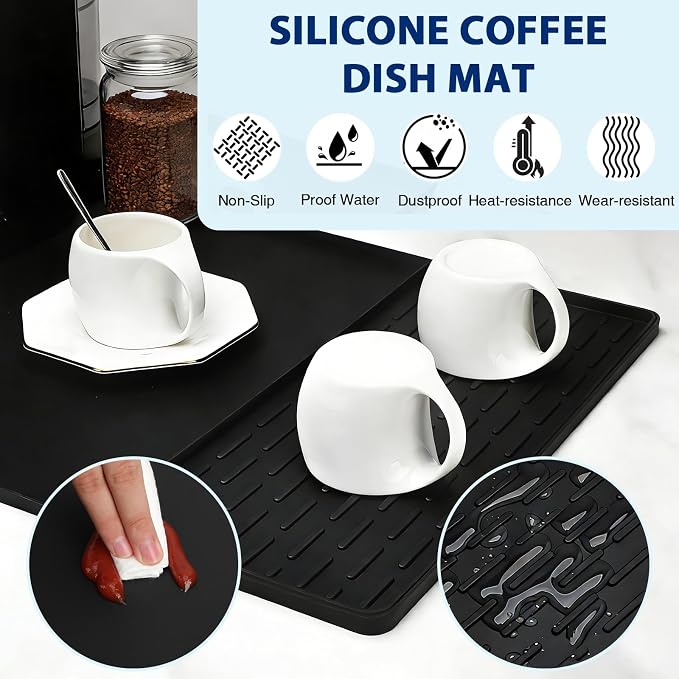 Silicone Coffee Mat 24" x 16", Heat Resistant Non Slip Leak Proof with Concave Convex Design & Detachable Drying Layer, Coffee Bar Mat for Espresso Machine, Coffee Maker Countertops (Black)