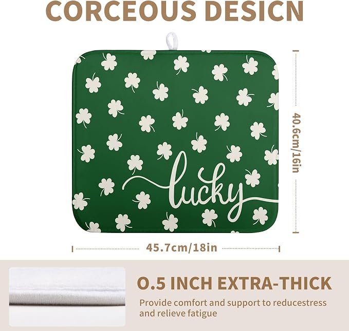 St Patrick Shamrock Drying Mat for Kitchen Counter Green White Lucky Clover Drying Dish Mat St Patricks Day Absorbent Microfiber Dish Drying Pad Reusable Dry Mat 16 x 18 Inch