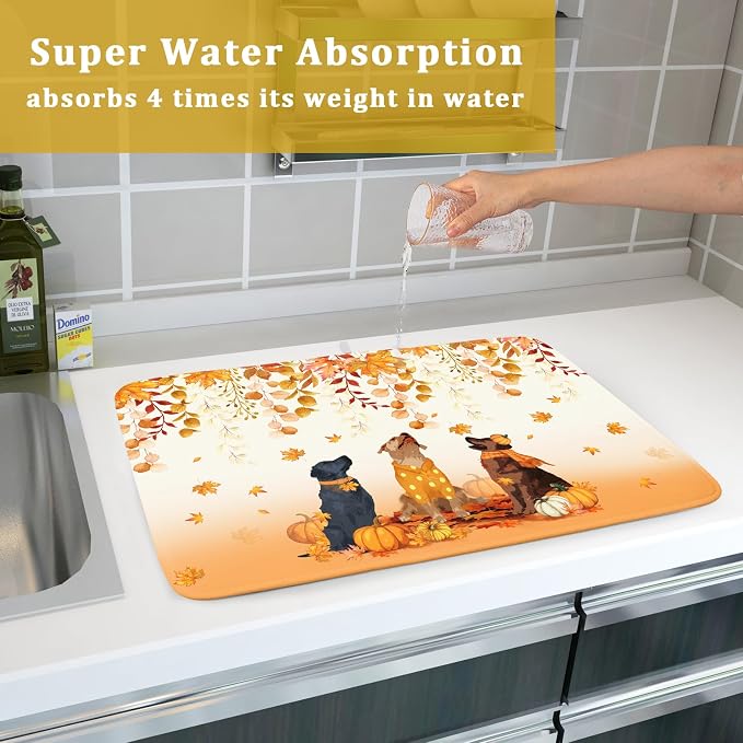 Giwawa Fall Dogs Dish Drying Mat Autumn Leaves Reusable Dishes Pad 18"x24" Holiday Microfiber Quick Dry Dish Drainer Rack Mat for Kitchen Counter