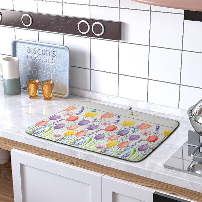 Tulip Floral Dish Drying Mat for Kitchen Counter Watercolor Spring Flower Dish Mat Absorbent Microfiber Dish Draining Mat Reversible Heat Resistant Dishes Pad Large 16 x 18 Inch