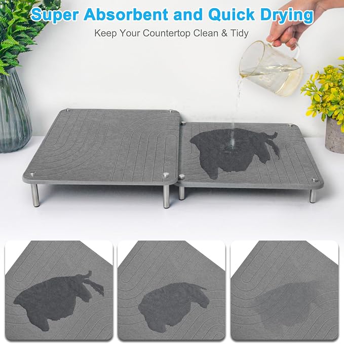 3Pcs Nesting Stone Drying Mat for Kitchen Counter, Quick Drying Stone Dish Drying Mat with Non-Slip Feet, Super Absorbent Heat Resistant Diatomaceous Earth Dish Drying Mat for Dishes, Bottles-Wave