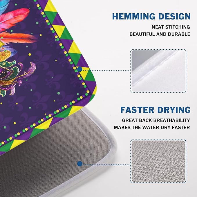 Mardi Gras Dish Drying Mat for Kitchen Counter Masquerade Mask Feather Drying Mats Absorbent Reversible Microfiber Washable Draining Pad Washable Dry Mat 18x24 Inch