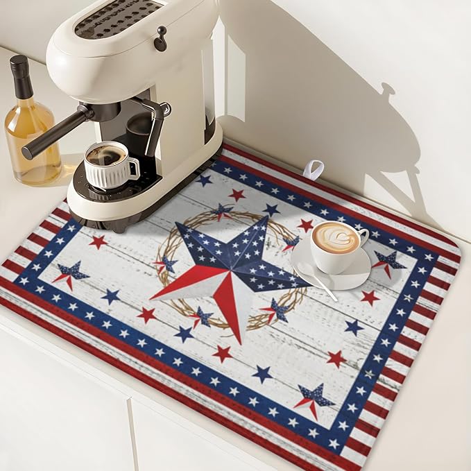 4th of July Patriotic Dish Drying Mat for Kitchen Counter Vintage Red and Blue Star Microfiber Dish Drainer Mat Country Absorbent Washable Drying Pad Extra Large 18"x24"