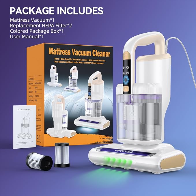 Mattress Vacuum Cleaner, 20Kpa Suction Bed Vacuum Cleaner with 253.7nm UV-C Light, 140°F Heated Air, 30000 RPM Brushroll, 40,000Hz Ultrasonic, HEPA Filter, for Bed, Sofa, 500W Corded (White)