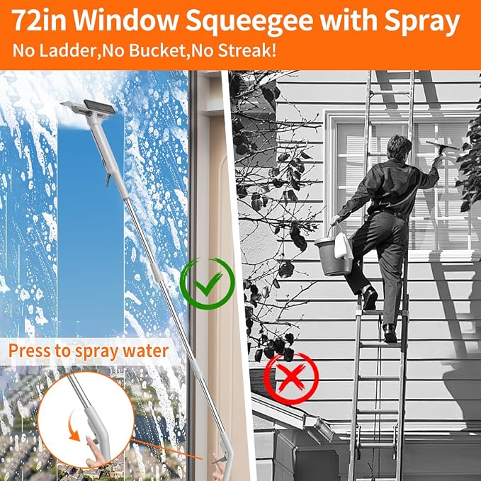 4 in 1 Window Squeegee with Water Tank,Window Cleaner Tool with Remote Control Water Spray,16'' to 72'' Adjustable Extension Pole,Wastewater Tray,Sponge Window Squeegee for Shower Glass Car Window
