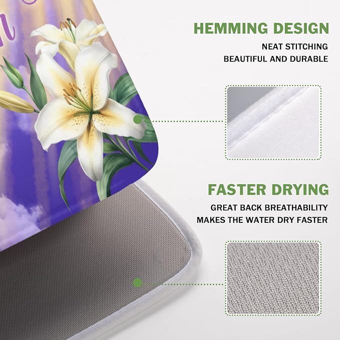 Easter Dish Drying Mat for Kitchen Counter He is Risen Cross Floral Purple Pattern Microfiber Dish Drainer Mat Rustic Absorbent Washable Drying Pad 16"x18"