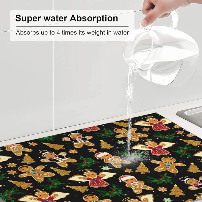 Christmas Gingerbread Dish Drying Mat for Kitchen Counter Cute Kitchen Christmas Dish Mat Microfiber Kitchen Countertop Absorbent Reversible Drainer Rack Pad