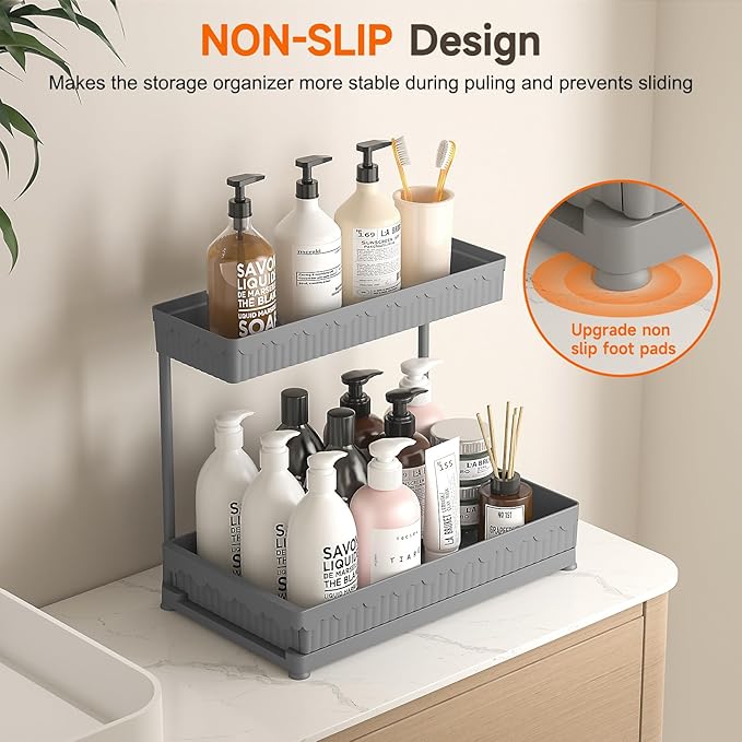 Sevenblue 3 Pack Multi-Purpose Pull-Out Storage Organizers, 2-Tier L-Shaped Under Sink/Cabinet Organizers and Storage for Bathroom & Kitchen,Grey,14.85 Inch