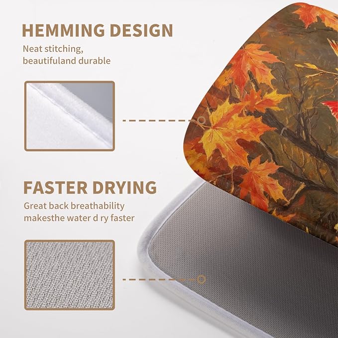 Fall Maple Leaves Birds Dish Drying Mat for Kitchen Counter 16x18 Autumn Colored Maple Forest Drying Mats Thanksgiving Harvest Dishes Drying Pad Absorbent Microfiber Sink Dish Drainer Rack Mat
