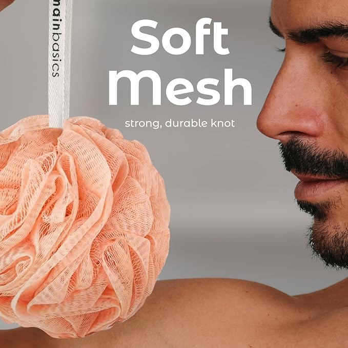 MainBasics Shower Loofah Sponge Pouf, Set of 3, Coral Reef | Soft Mesh Body Scrubber and Bath Sponge for Gentle Exfoliation, Rich Lather, and Everyday Shower Use