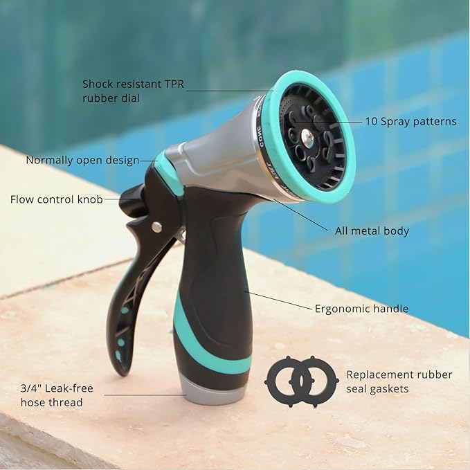 QUOBAS Metal Garden Hose Nozzle, Heavy Duty Water Hose Sprayer, Leak Proof | 10 Pattern Water Nozzle with Rubber Gasket, Garden Sprayer for Watering Plants, Washing Cars, Pet Shower, Blue, 2-Pack