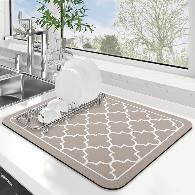 WISELIFE Dish Drying Mat Super Absorbent Drying Mat Large Dish Drying Mats for Kitchen Counter Easy Clean Dish Mat Kitchen Drying Mat15"x 18" Stylish Khaki