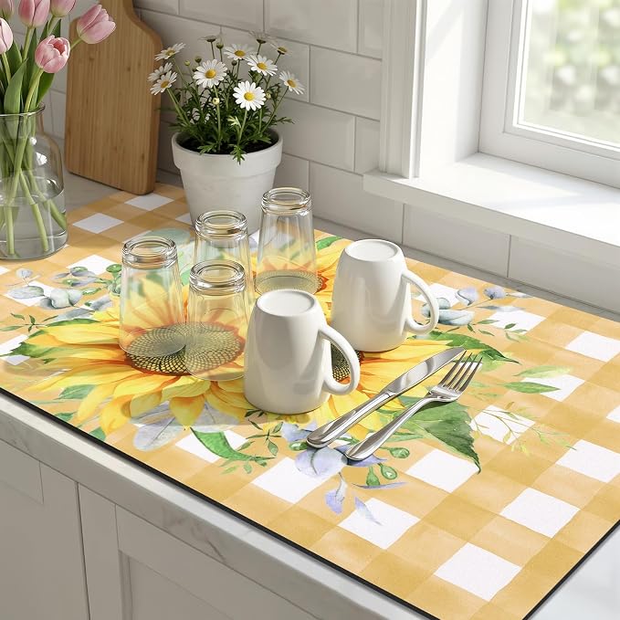 LOKHOM Dish Drying Mat for Kitchen Counter, 17"x32" Absorbent Coffee Bar Mat with Sunflowers, Vintage Floral Dish Drainer Rack Mat for Decoration