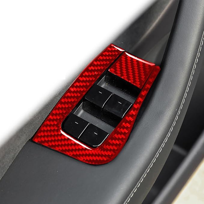 Red Real Carbon Fiber Trim for Tesla Accessories | for Model 3 2017-2022 / Model Y 2020-2024 Door Lifting Control Window Switch Panel Sticker Interior Thick Overlay Decal