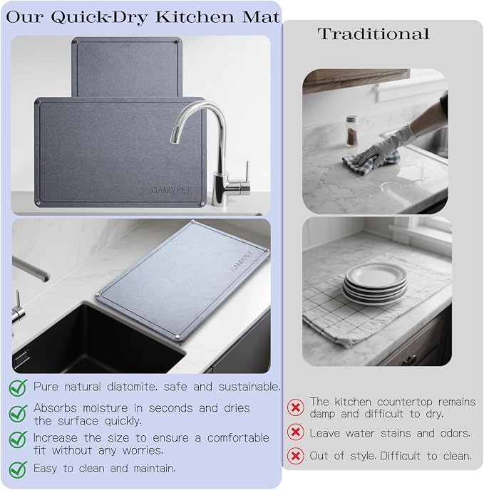 Stone Drying Mat 24"x16" Stone Dish Drying Mat for Kitchen Counter | Natural Diatomaceous Earth Absorbs Fast While Elevated Steel Feet Improve Airflow And Curved Wood Supports Prevent Sagging