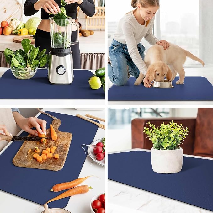 WISELIFE Dish Drying Mat Super Absorbent Drying Mat Large Dish Drying Mats for Kitchen Counter Easy Clean Dish Mat Kitchen Drying Mat18"x 32" Classic Blue