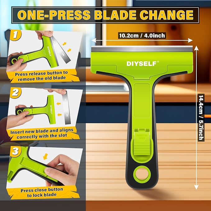 DIYSELF Razor Blade Scraper, 4 Inch Razor Blade Tool with 10 Blades | Razor Scraper Tool, Glass Scraper for Cleaning, Glass Stove Top Scraper, Window Scraper, Paint, Cooktop, Oven Scraper, Green