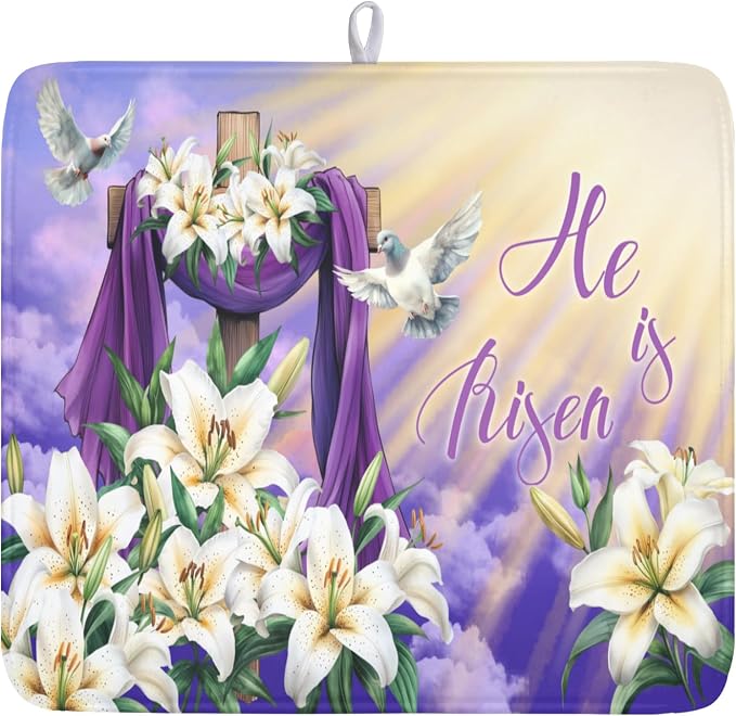 Easter Dish Drying Mat for Kitchen Counter He is Risen Cross Floral Purple Pattern Microfiber Dish Drainer Mat Rustic Absorbent Washable Drying Pad 16"x18"