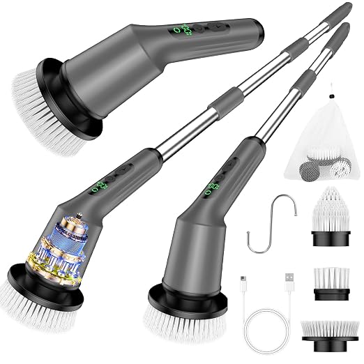 Electric Spin Scrubber for Cleaning Bathroom, Shower Scrubber Cordless Cleaning Brush with IPX7 Waterproof & 2 Speed, 3 Brush Heads, Bathroom Cleaning Supplies for Shower Tub Tile Toilet Grey