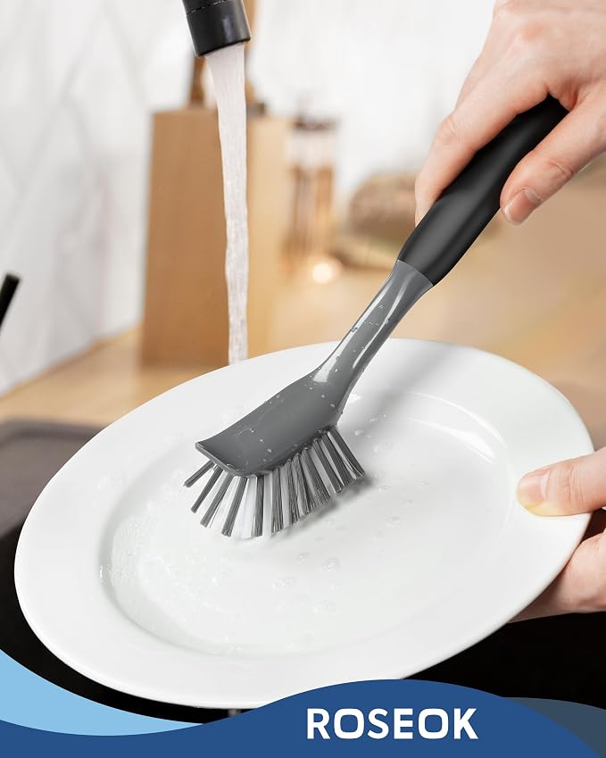 ROSEOK Dish Brush, Dish Scrubber, Nylon Bristles with Built-in Scraper | For Cleaning Dishes, Pots, Non-Stick Pans and Sinks, Black, 2 Pack