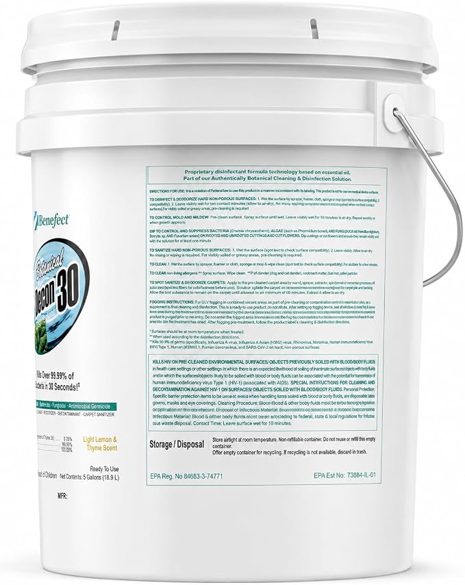 Benefect Botanical Decon 30 Disinfectant Cleaner, Light Lemon & Thyme Scent, 5 Gallon Pail