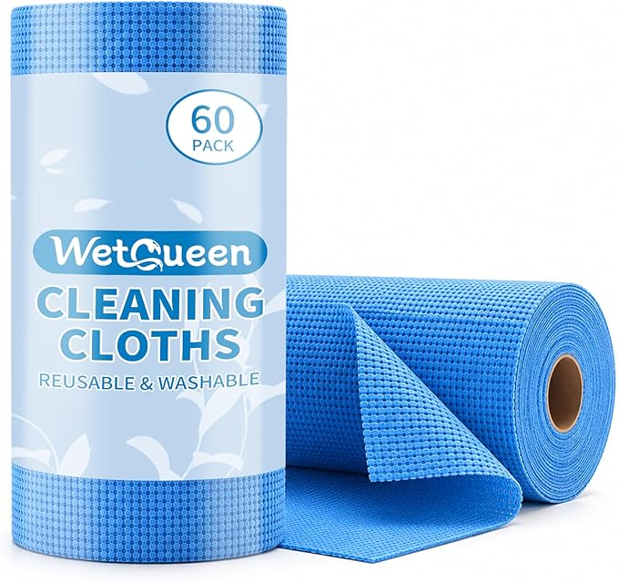 WETQUEEN Upgrade 60 Pack Microfiber Cleaning Cloth Roll - 11.8" x 11.8" Bubbled Reusable Rag for House, Kitchen, Car & Window - Tear Away Dish Rags & Wipe - 1 Roll Replaces 50 Paper Towels - Blue