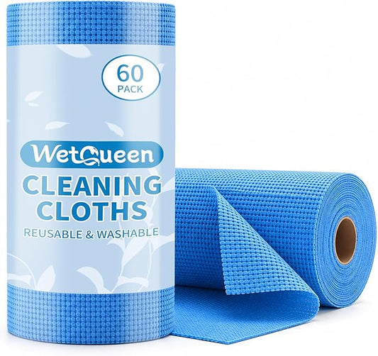 WETQUEEN Upgrade 60 Pack Microfiber Cleaning Cloth Roll - 11.8" x 11.8" Bubbled Reusable Rag for House, Kitchen, Car & Window - Tear Away Dish Rags & Wipe - 1 Roll Replaces 50 Paper Towels - Blue