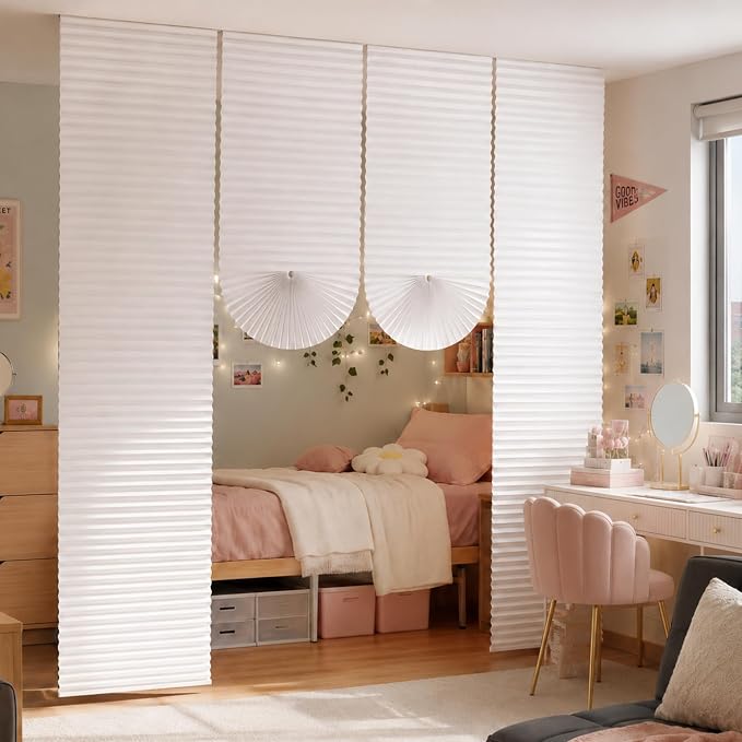 Threehoney 4 Pcs No Drilling Dorm Room Divider 10 x 9.8 ft Non Woven Pleated Blinds for College Dorm Room Separation Adjustable Temporary Light Filtering Privacy Screen Wall Divider for Home Bedroom